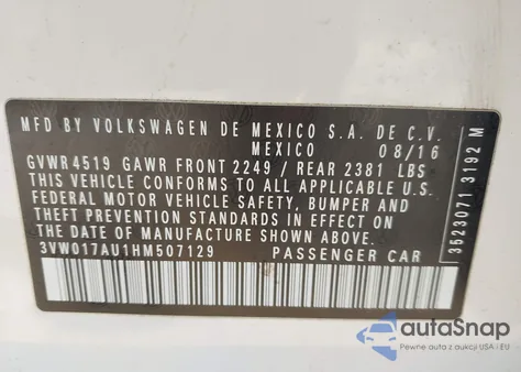 2017 Volkswagen Golf Sportwagen Tsi S z USA, uszkodzony, nr VIN 3VW017AU1HM507129